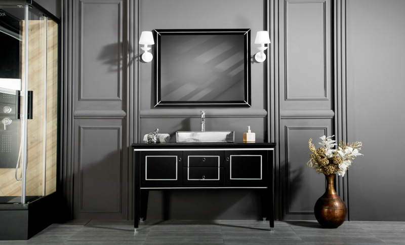 MANHATTAN contemporary classic Black bathroom vanities with an optional marble countertop and silver counselor porcelain sink