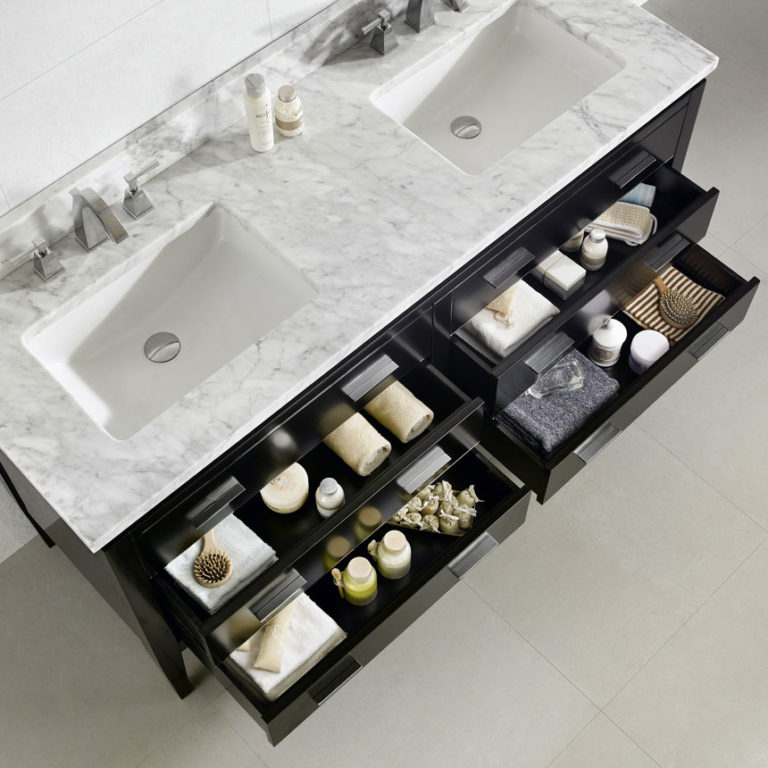 Dowell Bathroom Vanity Black countertop, sink, and storage