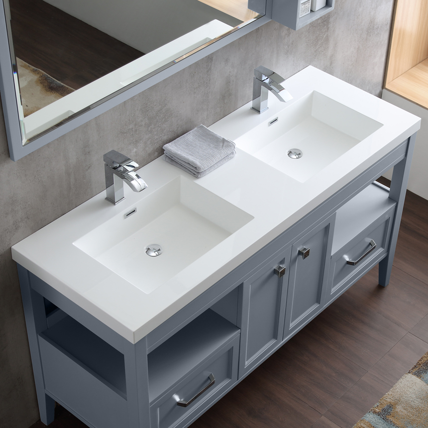 Dowell Double Bathroom Vanities in gray blue sinks